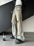 Damaged denim straight pants