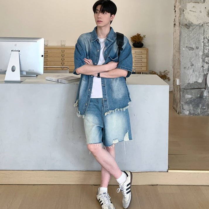 Denim short sleeve jacket set