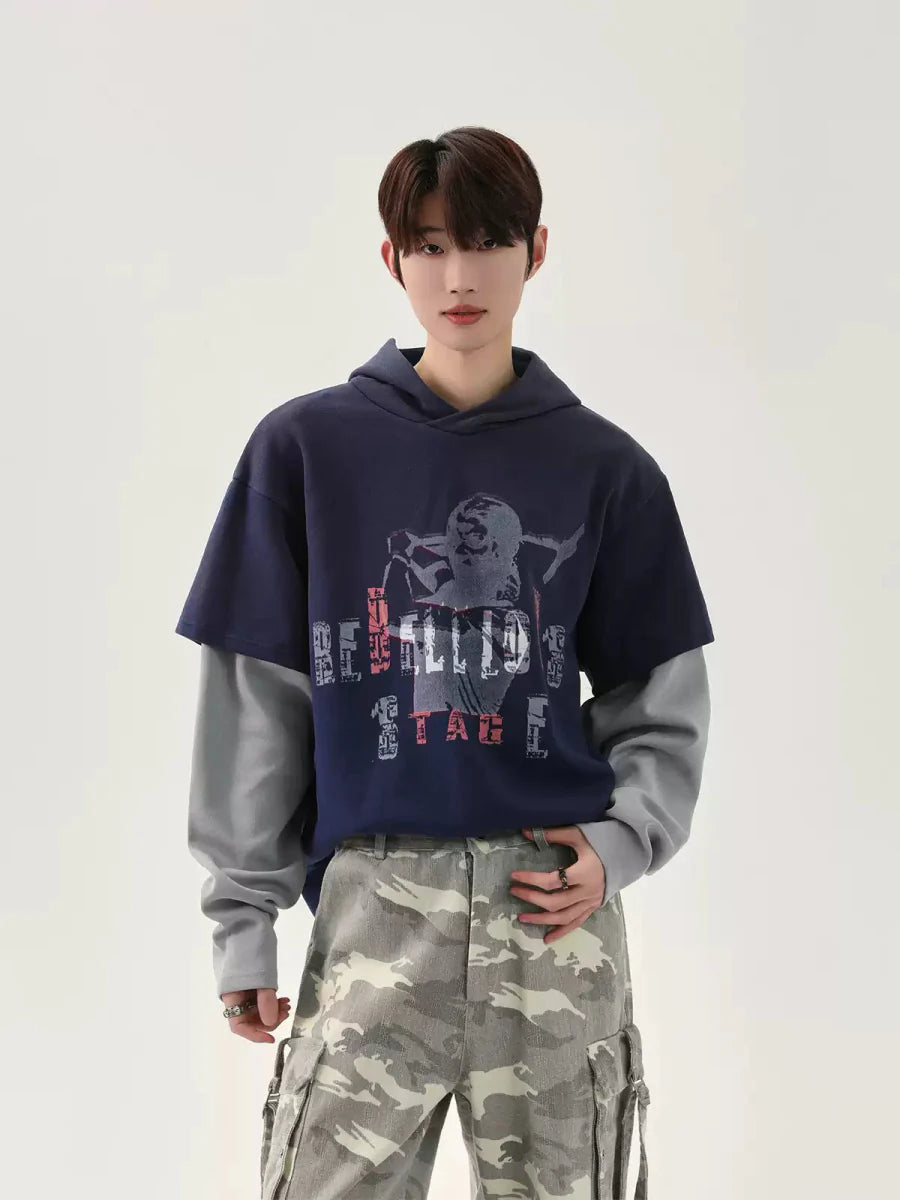 Distressed fake two-piece hoodie