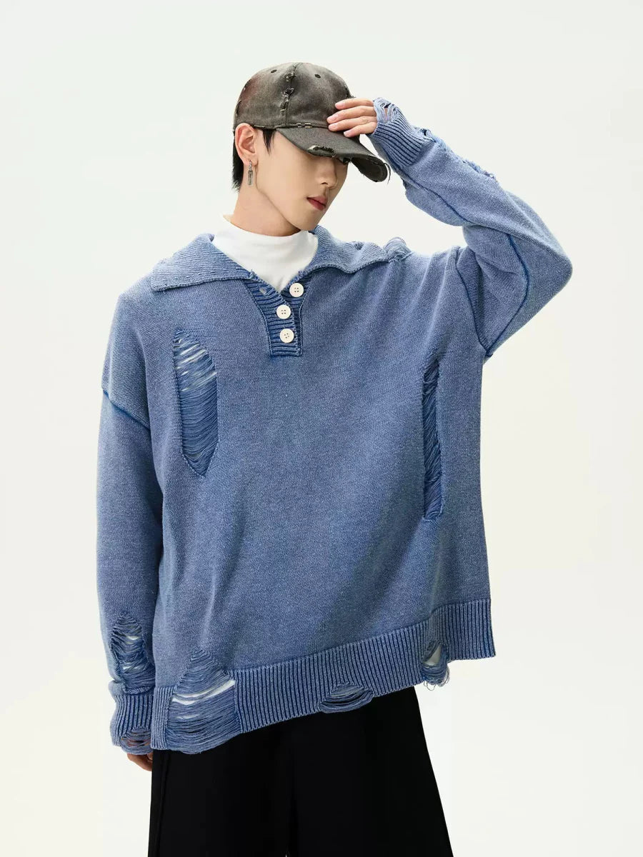 Distressed knit polo shirt