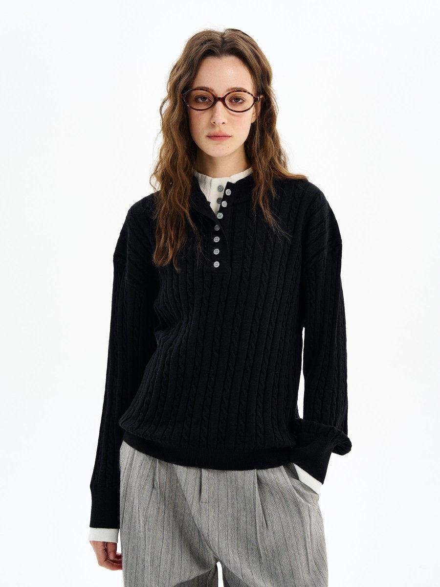 Double Layer Henley Collar Button Sweater