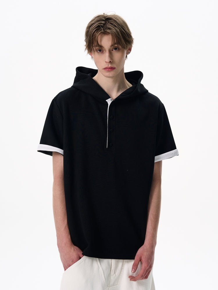 Hooded Tee / フード Tシャツ メンズ 半袖 ハーフボタン プルオーバー 配色