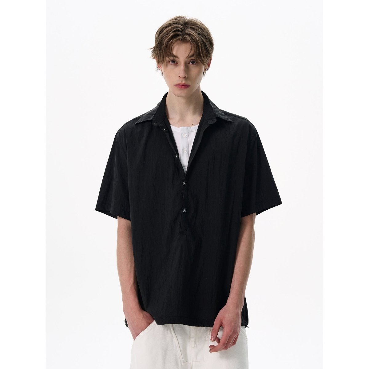 レイヤード開襟シャツ メンズ ドローコード｜Layered Open SHIRT