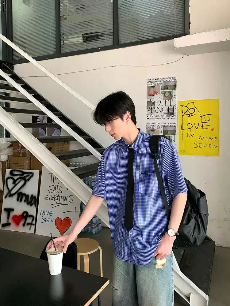Plaid short sleeve tie shirt