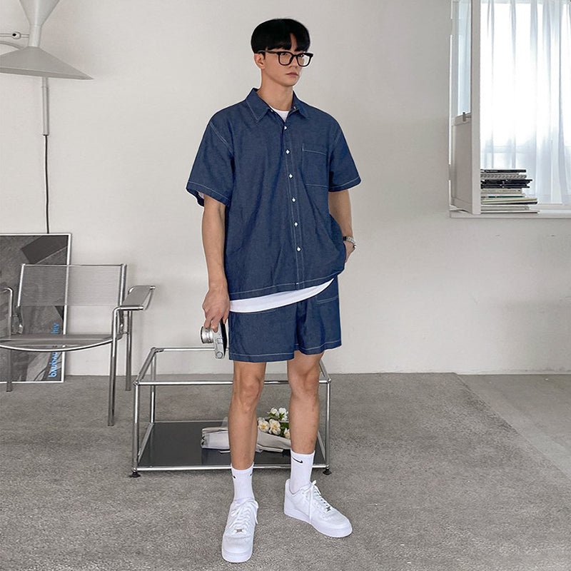 Short -sleeved denim shirt shorts set
