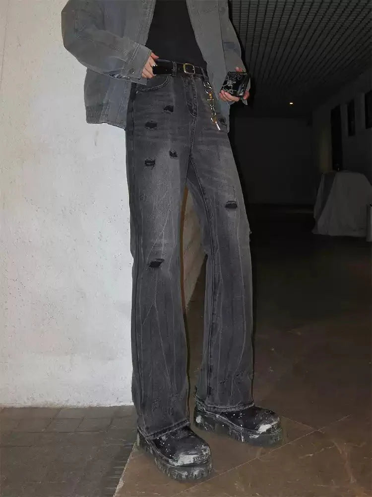 Washed straight denim pants