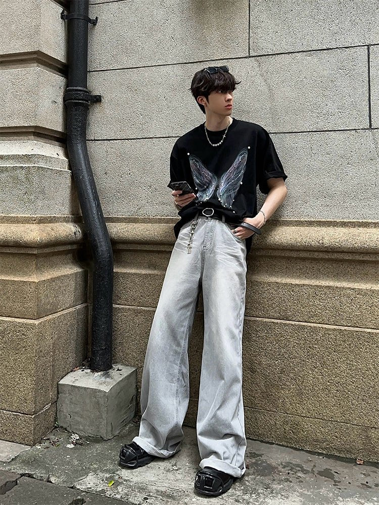 White gray wide denim pants